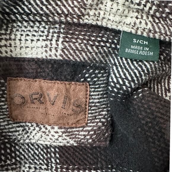 Orvis Heavyweight Flannel Shirt Men’s Small Black Brown Plaid Black Button Thick - Picture 6 of 10